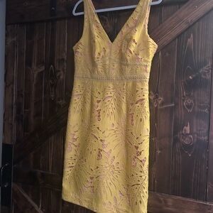 Maeve Yellow Lace V-Neck Midi Dress with Pink Lining